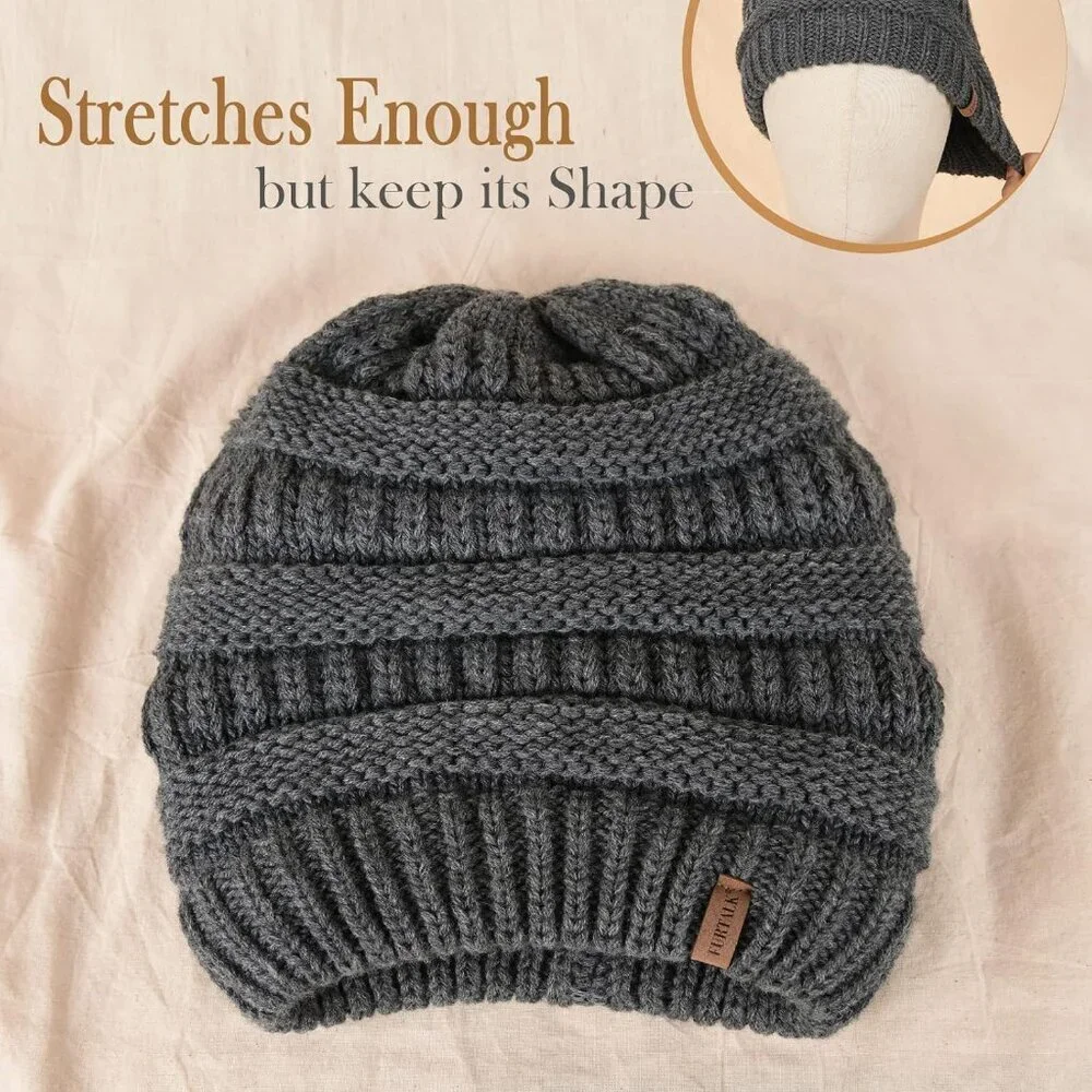 Women's Knitted Beanie Gray Cozy Skull Ski Hats Cap Winter Warm Slouchy Design - Picture 3 of 7